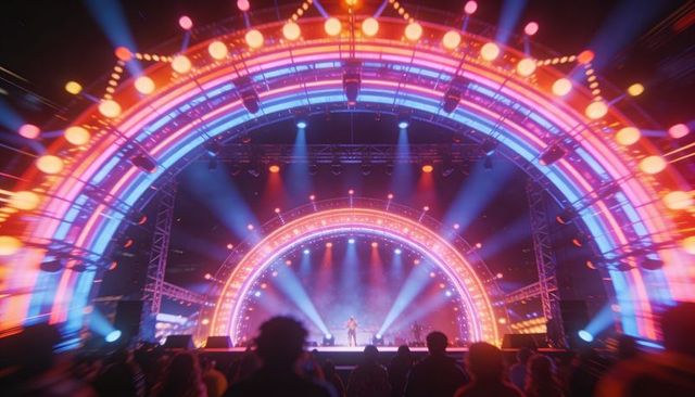 Singer Performing on Neon-Lit Concert Stage with LED Arches and Audience Silhouettes