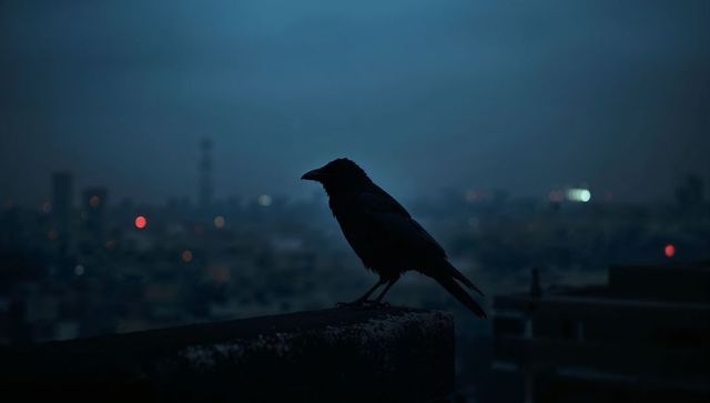 Crow Silhouette Against Urban Skyline at Nightfall