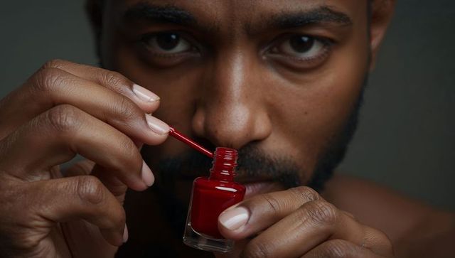 Bearded black man applying red nail polish closeup holding glass bottle and brush