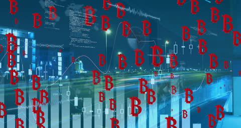 Futuristic Digital Data with Bitcoin Overlay on Cityscape