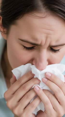 Adult woman blowing nose with tissue at home, managing runny nose, wellness vertical video