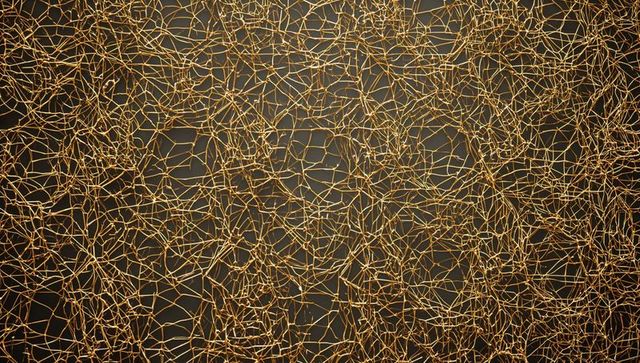 Golden Filament Mesh on Dark Backdrop, Intricate Metallic Web Texture for Luxury Design
