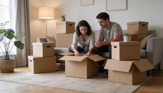 Couple unpacking moving boxes in modern minimalist living room with neutral decor