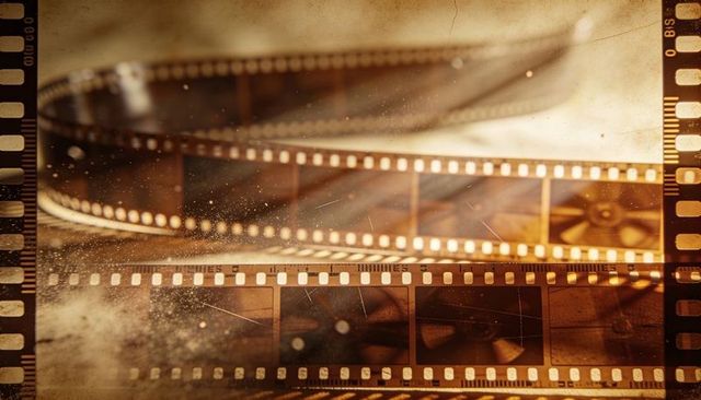 Vintage 35mm film strips showing sprockets, light leaks, scratches and warm sepia grain