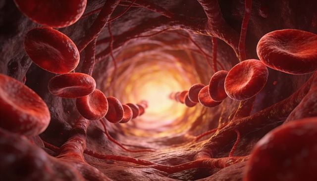 Streaming red blood cells flowing through capillary vessel lumen with fibrin strands