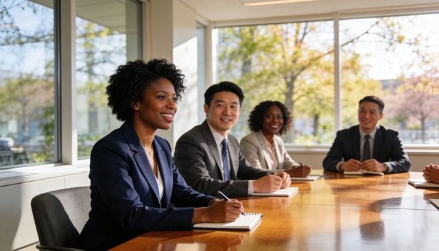 Business team taking notes in bright boardroom during collaborative meeting - diverse executives
