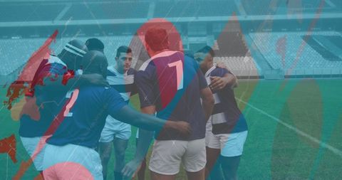 Rugby Players Strategizing with Digital Statistics Overlay