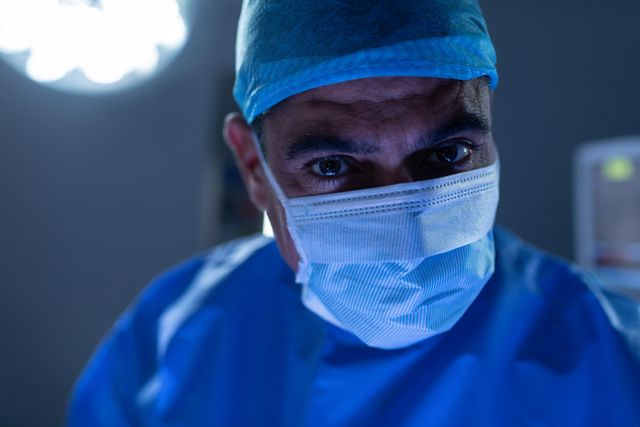 Close up of male surgeon looking at camera in operating room at hospital