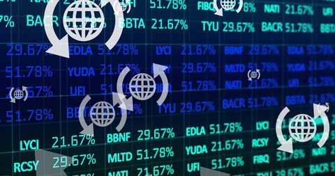 Futuristic digital ticker display with rotating globe icons