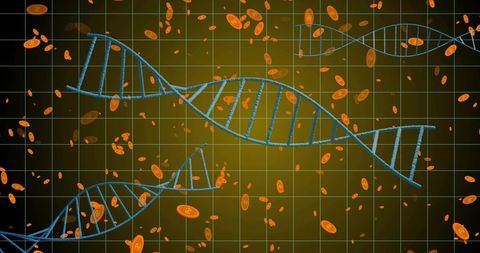 Futuristic Biotechnology Concept with DNA Helix and Digital Tokens