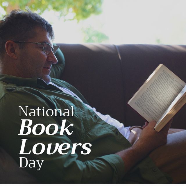 Composite of caucasian mature man reading book on sofa at home and national book lovers day text. copy space, hobbies, learning, knowledge, bibliophilia, literature and celebration concept.