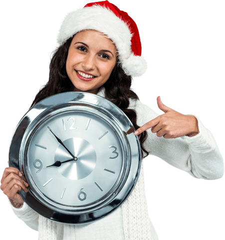 Smiling Woman with Santa Hat Holding Transparent Clock