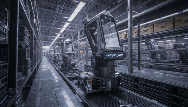 Autonomous robotic pickers navigating high-tech warehouse conveyor for automated logistics