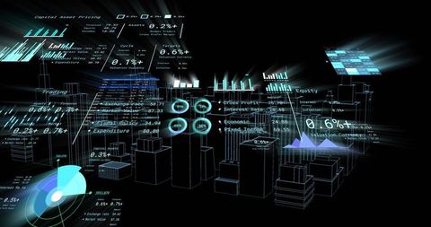 Holographic 3d data city visualization with neon bar charts and financial dashboards