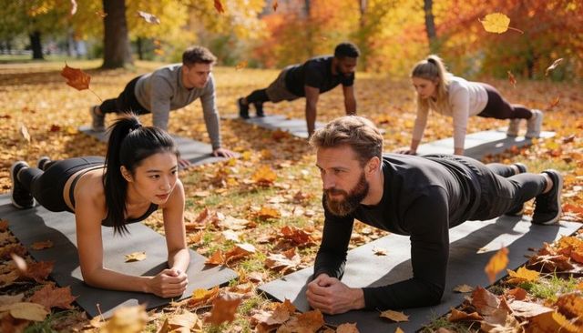 Group holding forearm planks on exercise mats in autumn park with falling leaves