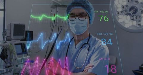 Asian Doctor with Vital Signs Display in Operating Room