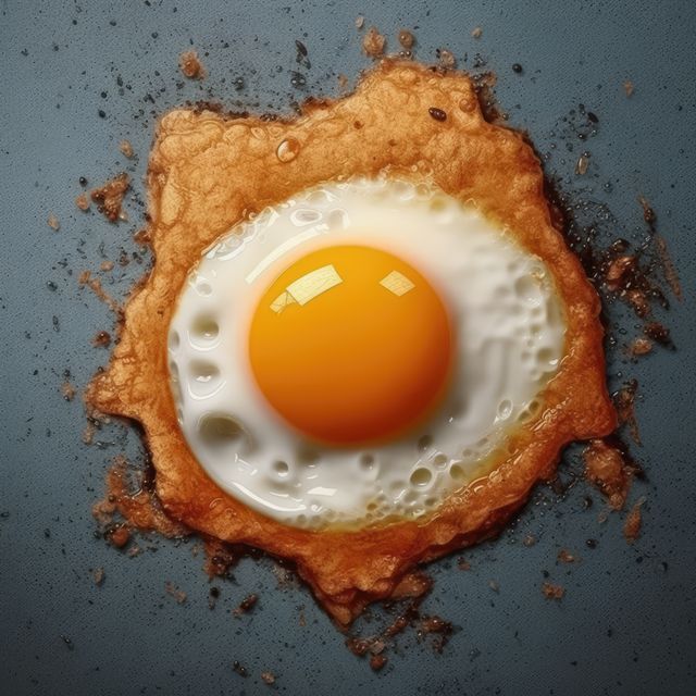 A freshly fried egg sizzles on a pan, with copy space. Captures the essence of a home-cooked breakfast, inviting and warm.