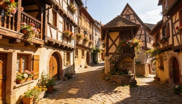 Sunlit Alsace village featuring half-timbered houses, cobbled street and flower boxes