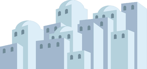 Stylized cityscape illustration with domed roofs and arched windows transparent
