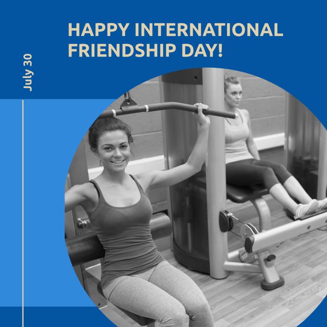 Happy international friendship day text on blue with happy caucasian female friends at gym. Friendship celebration and appreciation campaign digitally generated image.