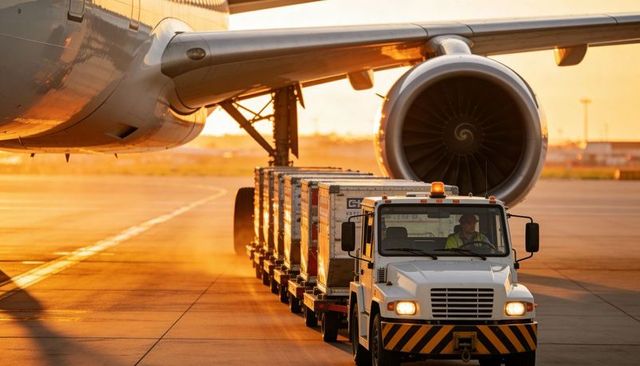 Ground handling tractor pulling cargo dollies under commercial jet wing at golden hour