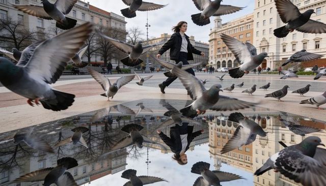 Young woman walking through flying pigeons over puddle reflecting historic city buildings