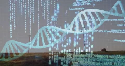 Conceptual DNA Strand with Binary Code Overlay