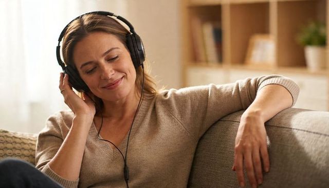 Woman relaxing on sofa listening to music with wired headphones cozy living room lifestyle