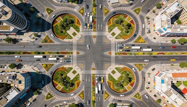 Aerial symmetry of four circular roundabouts with landscaped medians and urban traffic