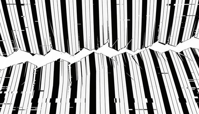 Monochrome glitch stripes with jagged seam and vertical barcode pattern on white