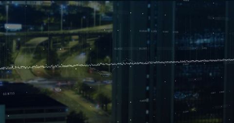 Night Cityscape with Data Overlay and Illuminated Highway