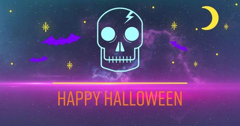 Neon Halloween Delight with Skull and Bats on Cosmic Background - Download Free Stock Images Pikwizard.com