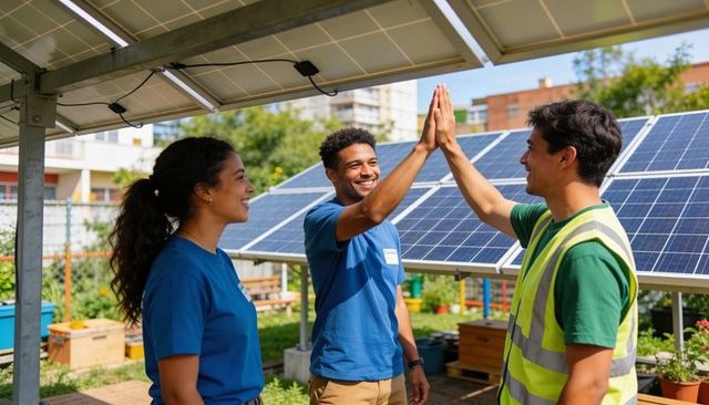 Urban solar volunteers high-fiving under canopy at community garden for sustainability