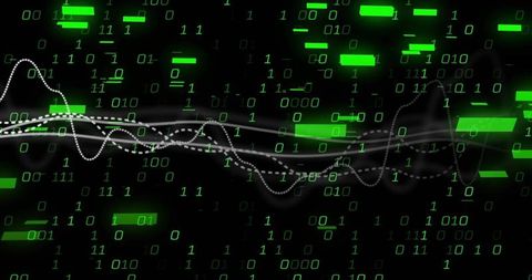 Neon Green Binary Data Stream with Undulating Waveforms and Dotted Signal Ribbons