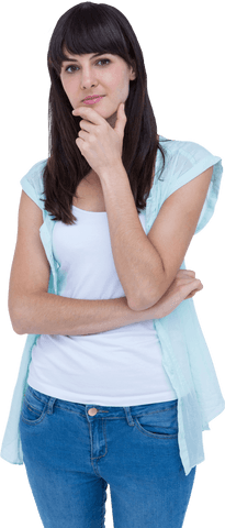 Thoughtful Young Woman with Transparent Background and Casual Style