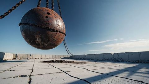 Rusty wrecking ball on industrial demolition site