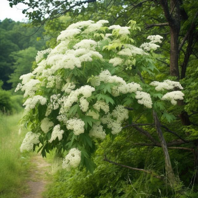 Dense bush with abundant white flowers growing along secluded forest pathway, surrounded by vibrant greenery and foliage. Ideal for use in publications or projects focusing on nature, wilderness landscapes, botanical themes, or outdoor adventures.