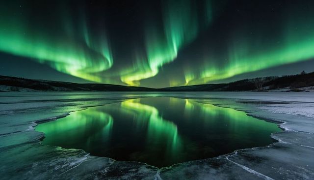 Dancing aurora borealis reflecting in open water at frozen lakeshore nightscape