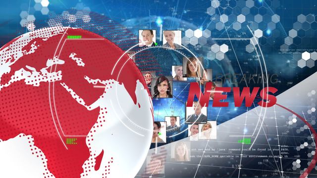 Dynamic interface featuring global communication elements, promoting technological connectivity and interaction. Ideal for illustrating news-related stories, media industry presentations, or educational purposes regarding mass communication and broadcasting.