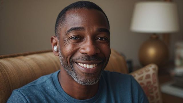 Smiling man wearing earbuds and blue crewneck sitting on cozy living room sofa portrait