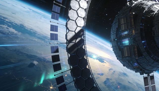 Futuristic Orbital Ring Habitat with Hexagonal Panels, Solar Arrays and Aurora over Earth