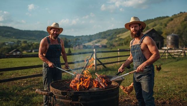 Bearded farmers grilling whole meat over open flame in rustic pasture wearing straw hats