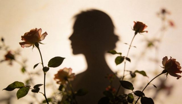 Woman standing silhouetted amid blooming pink roses with soft backlight and bokeh