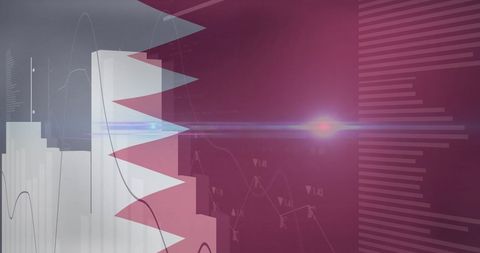 Financial Data Overlay on Qatar Flag with Technology Charts