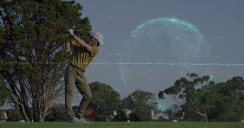 Golfer swinging golf club with digital earth marketing high-tech sport concept