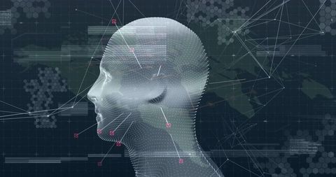 Futuristic AI Mesh Head with Digital Data Interface