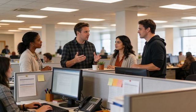 Collaborating team discussing project in modern open-plan office around cubicles with casual dress