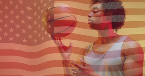 American Flag Overlay on Skilled Basketball Player with Ball
