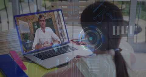 Virtual Classroom Tech with Girl and Online Instructor