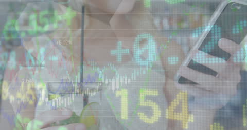 Woman Analyzing Data on Smartphone Overlaid with Financial Graphs